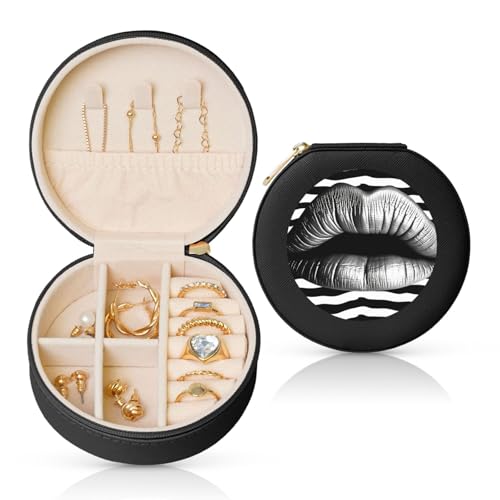 BYPPJGH Kleine Schmuckschatulle mit Lippen-Aufdruck in Schwarz und Weiß gestreift, Leder, Reise-Schmucketui, wasserdicht, rund, Schmuck-Organizer, schwarz, für Damen, Ringe, Halsketten, Geschenke von BYPPJGH