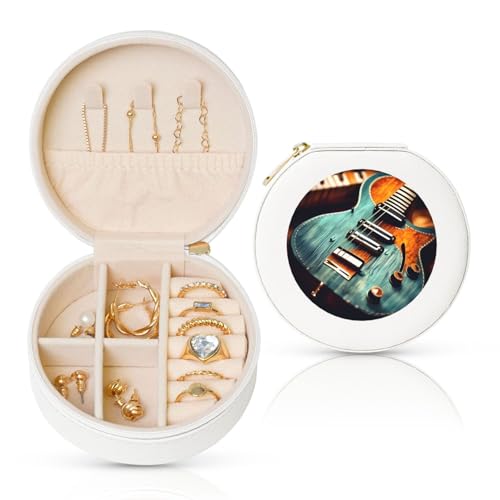 BYPPJGH Kleine Schmuckschatulle mit Musikgitarre, Leder, Reise-Schmucketui, wasserdicht, rund, Schmuck-Organizer, weiß, für Damen, Ringe, Halsketten, Geschenke von BYPPJGH