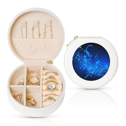 BYPPJGH Kleine Schmuckschatulle mit Musiknoten, Leder, Reise-Schmucketui, wasserdicht, rund, Schmuck-Organizer, weiß, für Damen, Ringe, Halsketten, Geschenke von BYPPJGH