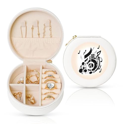 BYPPJGH Kleine Schmuckschatulle mit Musiknoten, Leder, Reise-Schmucketui, wasserdicht, rund, Schmuck-Organizer, weiß, für Damen, Ringe, Halsketten, Geschenke von BYPPJGH