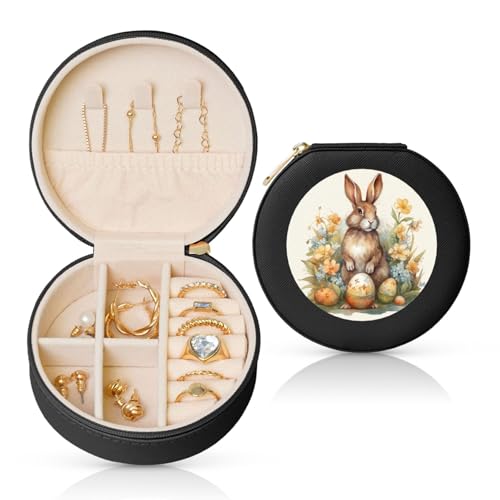 BYPPJGH Kleine Schmuckschatulle mit Ostereiern und Kaninchen, Leder, Reise-Schmucketui, wasserdicht, rund, Schmuck-Organizer, schwarz, für Damen, Ringe, Halsketten, Geschenke von BYPPJGH