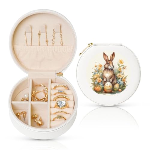 BYPPJGH Kleine Schmuckschatulle mit Ostereiern und Kaninchen, Leder, Reise-Schmucketui, wasserdicht, rund, Schmuck-Organizer, weiß, für Damen, Ringe, Halsketten, Geschenke von BYPPJGH