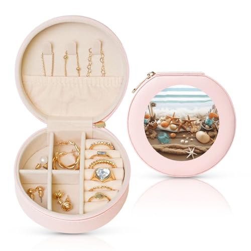 BYPPJGH Kleine Schmuckschatulle mit Ozean-Strand-Motiv, Leder, Reise-Schmucketui, wasserdicht, rund, Schmuck-Organizer, Rosa, für Damen, Ringe, Halsketten, Geschenke von BYPPJGH