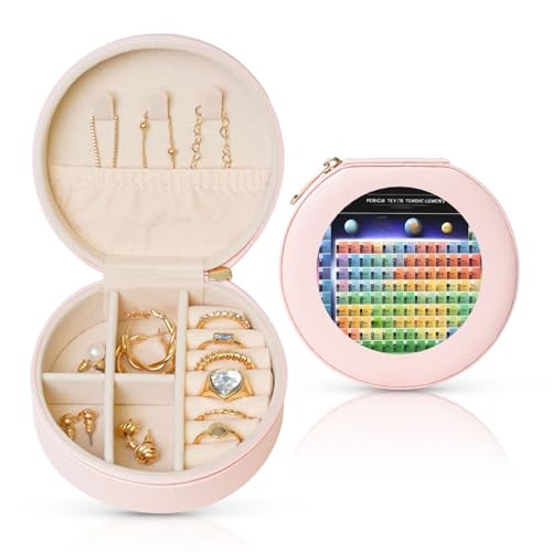 BYPPJGH Kleine Schmuckschatulle mit Periodensystem der Elemente, Leder, Reise-Schmuckkoffer, wasserdicht, rund, Schmuck-Organizer, Rosa, für Damen, Ringe, Halsketten, Geschenke von BYPPJGH