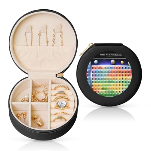 BYPPJGH Kleine Schmuckschatulle mit Periodensystem der Elemente, Leder, Reise-Schmuckkoffer, wasserdicht, rund, Schmuck-Organizer, schwarz, für Damen, Ringe, Halsketten, Geschenke von BYPPJGH