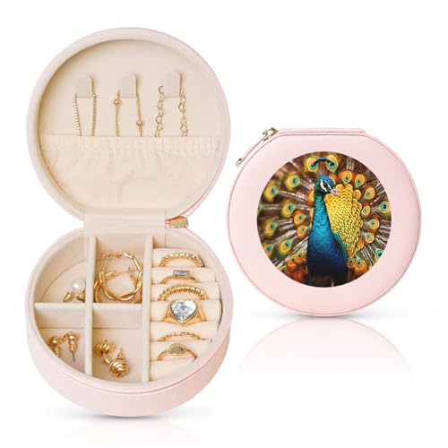 BYPPJGH Kleine Schmuckschatulle mit Pfauenmotiv, Leder, Reise-Schmucketui, wasserdicht, rund, Schmuck-Organizer, Rosa, für Damen, Ringe, Halsketten, Geschenke von BYPPJGH