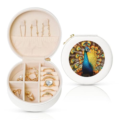 BYPPJGH Kleine Schmuckschatulle mit Pfauenmotiv, Leder, Reise-Schmucketui, wasserdicht, rund, Schmuck-Organizer, weiß, für Damen, Ringe, Halsketten, Geschenke von BYPPJGH