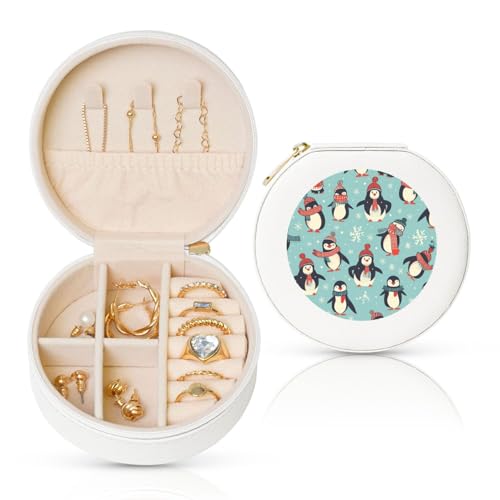 BYPPJGH Kleine Schmuckschatulle mit Pinguinmotiv, Leder, Reise-Schmucketui, wasserdicht, rund, Schmuck-Organizer, weiß, für Damen, Ringe, Halsketten, Geschenke von BYPPJGH