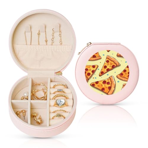 BYPPJGH Kleine Schmuckschatulle mit Pizzascheiben-Muster, Leder, Reise-Schmucketui, wasserdicht, rund, Schmuck-Organizer, Rosa, für Damen, Ringe, Halsketten, Geschenke von BYPPJGH