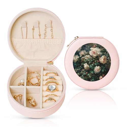 BYPPJGH Kleine Schmuckschatulle mit Rosen-Aufdruck, Leder, Reise-Schmucketui, wasserdicht, rund, Schmuck-Organizer, Rosa, für Damen, Ringe, Halsketten, Geschenke von BYPPJGH