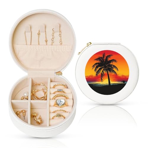 BYPPJGH Kleine Schmuckschatulle mit Sonnenuntergangspalme, Leder, Reise-Schmucketui, wasserdicht, rund, Schmuck-Organizer, weiß, für Damen, Ringe, Halsketten, Geschenke von BYPPJGH