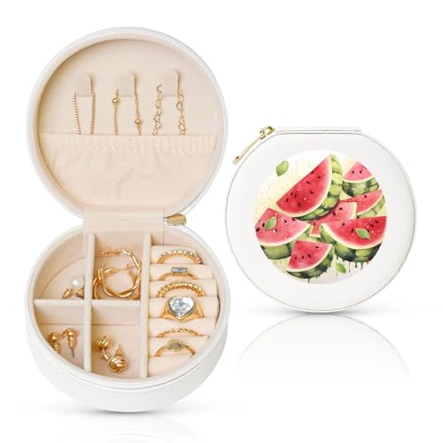 BYPPJGH Kleine Schmuckschatulle mit Wassermelonen-Motiv, aus Leder, Reise-Schmucketui, wasserdicht, rund, für Damen, Ringe, Halsketten, Geschenke von BYPPJGH