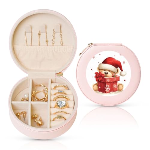 BYPPJGH Kleine Schmuckschatulle mit Weihnachtsmannmütze, Leder, Reise-Schmucketui, wasserdicht, rund, Schmuck-Organizer, Rosa, für Damen, Ringe, Halsketten, Geschenke von BYPPJGH