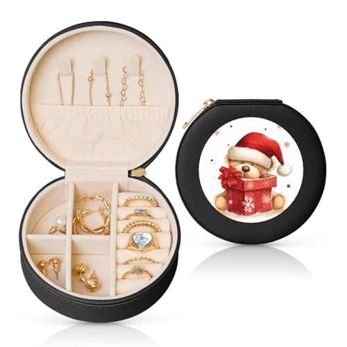 BYPPJGH Kleine Schmuckschatulle mit Weihnachtsmannmütze, Leder, Reise-Schmucketui, wasserdicht, rund, Schmuck-Organizer, schwarz, für Damen, Ringe, Halsketten, Geschenke von BYPPJGH