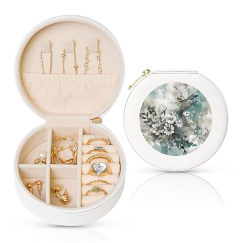 BYPPJGH Kleine Schmuckschatulle mit bemaltem Blumenmuster, Leder, Reise-Schmuckkoffer, wasserdicht, rund, Schmuck-Organizer, weiß, für Damen, Ringe, Halsketten, Geschenke von BYPPJGH