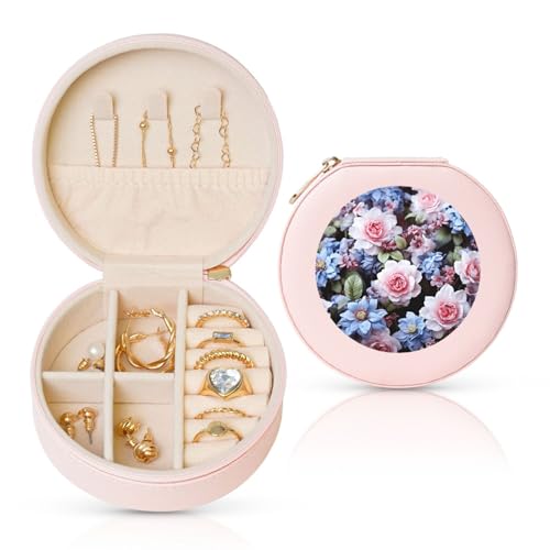 BYPPJGH Kleine Schmuckschatulle mit blauen und rosa Blumen, Leder, Reise-Schmucketui, wasserdicht, rund, Schmuck-Organizer, rosa für Damen, Ringe, Halsketten, Geschenke von BYPPJGH