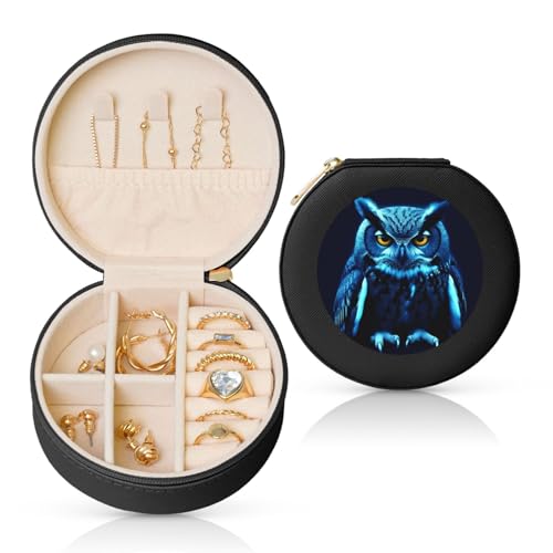 BYPPJGH Kleine Schmuckschatulle mit blauer Eule, Leder, Reise-Schmucketui, wasserdicht, rund, Schmuck-Organizer, schwarz, für Damen, Ringe, Halsketten, Geschenke BYPPJGH Kleine Schmuckschatulle mit blauer Eule, Leder, Reise-Schmucketui, wasserdicht, rund, Schmuck-Organizer, schwarz, für Damen, Ringe, Halsketten, Geschenke von BYPPJGH