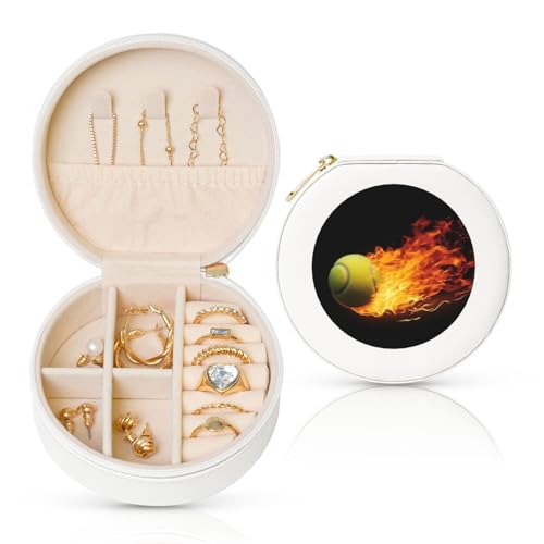 BYPPJGH Kleine Schmuckschatulle mit brennendem Tennisbild, Leder, Reise-Schmucketui, wasserdicht, rund, Schmuck-Organizer, weiß, für Damen, Ringe, Halsketten, Geschenke von BYPPJGH