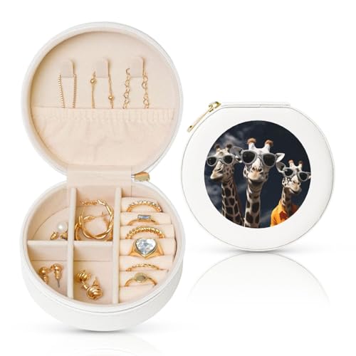 BYPPJGH Kleine Schmuckschatulle mit drei Giraffen, Leder, Reise-Schmucketui, wasserdicht, rund, Schmuck-Organizer, weiß, für Damen, Ringe, Halsketten, Geschenke von BYPPJGH