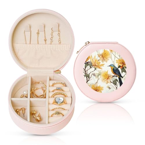 BYPPJGH Kleine Schmuckschatulle mit gelben Blumen und Vögeln, Leder, Reise-Schmucketui, wasserdicht, rund, Schmuck-Organizer, Rosa, für Damen, Ringe, Halsketten, Geschenke BYPPJGH Kleine Schmuckschatulle mit gelben Blumen und Vögeln, Leder, Reise-Schmucketui, wasserdicht, rund, Schmuck-Organizer, Rosa, für Damen, Ringe, Halsketten, Geschenke von BYPPJGH