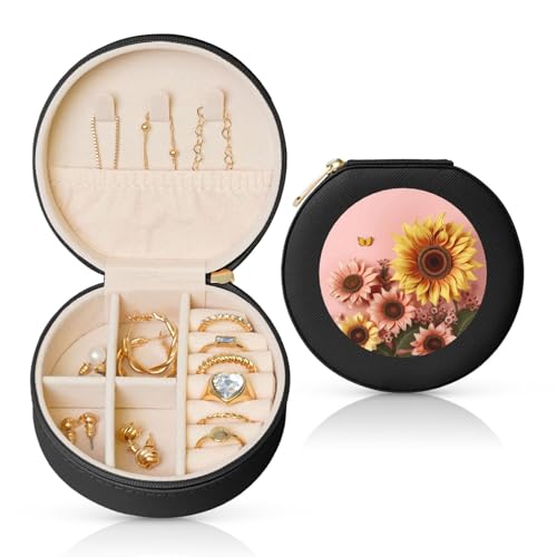 BYPPJGH Kleine Schmuckschatulle mit großer Sonnenblume, Leder, Reise-Schmucketui, wasserdicht, rund, Schmuck-Organizer, schwarz, für Damen, Ringe, Halsketten, Geschenke von BYPPJGH