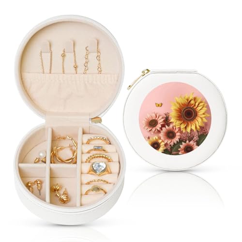 BYPPJGH Kleine Schmuckschatulle mit großer Sonnenblume, Leder, Reise-Schmucketui, wasserdicht, rund, Schmuck-Organizer, weiß, für Damen, Ringe, Halsketten, Geschenke von BYPPJGH