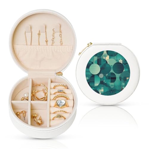 BYPPJGH Kleine Schmuckschatulle mit grünem Muster, Leder, Reise-Schmucketui, wasserdicht, rund, Schmuck-Organizer, weiß, für Damen, Ringe, Halsketten, Geschenke von BYPPJGH