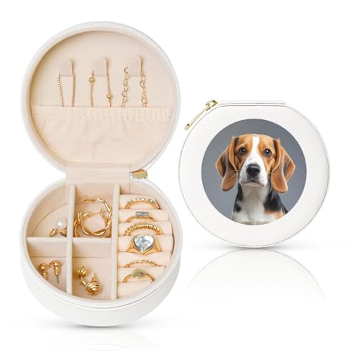 BYPPJGH Kleine Schmuckschatulle mit niedlichem Beagle, Leder, Reise-Schmucketui, wasserdicht, rund, Schmuck-Organizer, weiß, für Damen, Ringe, Halsketten, Geschenke von BYPPJGH