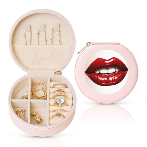 BYPPJGH Kleine Schmuckschatulle mit niedlichem Grafik, rote Lippen, Leder, Reise-Schmucketui, wasserdicht, rund, Schmuck-Organizer, Rosa, für Damen, Ringe, Halsketten, Geschenke von BYPPJGH