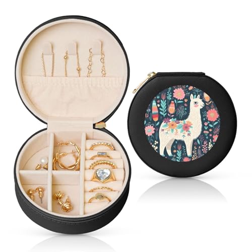 BYPPJGH Kleine Schmuckschatulle mit niedlichem Lama-Blumenmuster, Leder, Reise-Schmucketui, wasserdicht, rund, Schmuck-Organizer, schwarz, für Damen, Ringe, Halsketten, Geschenke von BYPPJGH