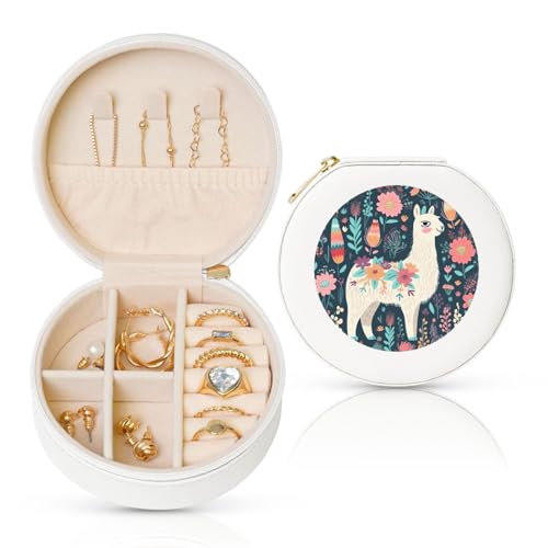 BYPPJGH Kleine Schmuckschatulle mit niedlichem Lama-Blumenmuster, Leder, Reise-Schmucketui, wasserdicht, rund, Schmuck-Organizer, weiß, für Damen, Ringe, Halsketten, Geschenke von BYPPJGH