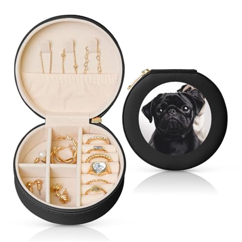BYPPJGH Kleine Schmuckschatulle mit niedlichem Mops-Motiv, Leder, Reise-Schmucketui, wasserdicht, rund, Schmuck-Organizer, schwarz, für Damen, Ringe, Halsketten, Geschenke von BYPPJGH