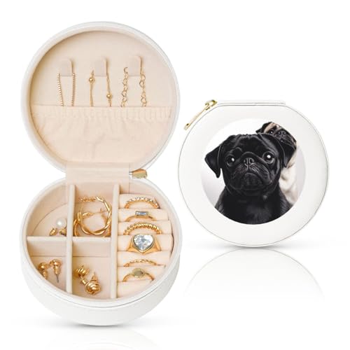 BYPPJGH Kleine Schmuckschatulle mit niedlichem Mops-Motiv, Leder, Reise-Schmucketui, wasserdicht, rund, Schmuck-Organizer, weiß, für Damen, Ringe, Halsketten, Geschenke von BYPPJGH
