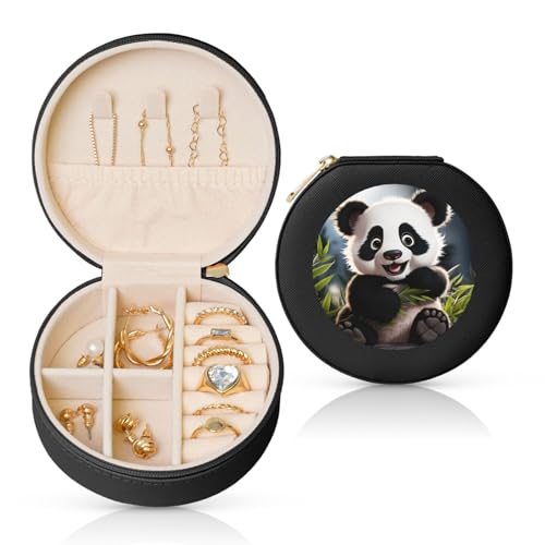 BYPPJGH Kleine Schmuckschatulle mit niedlichem Panda-Motiv, Leder, Reise-Schmucketui, wasserdicht, rund, Schmuck-Organizer, schwarz, für Damen, Ringe, Halsketten, Geschenke von BYPPJGH