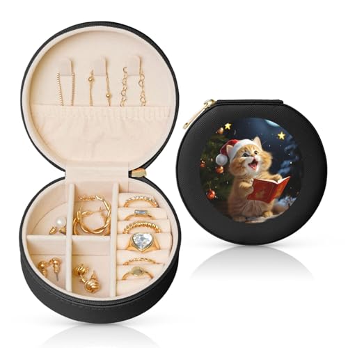 BYPPJGH Kleine Schmuckschatulle mit niedlicher Katze, Weihnachtslieder, Leder, Reise-Schmucketui, wasserdicht, rund, Schmuck-Organizer, schwarz, für Damen, Ringe, Halsketten, Geschenke von BYPPJGH