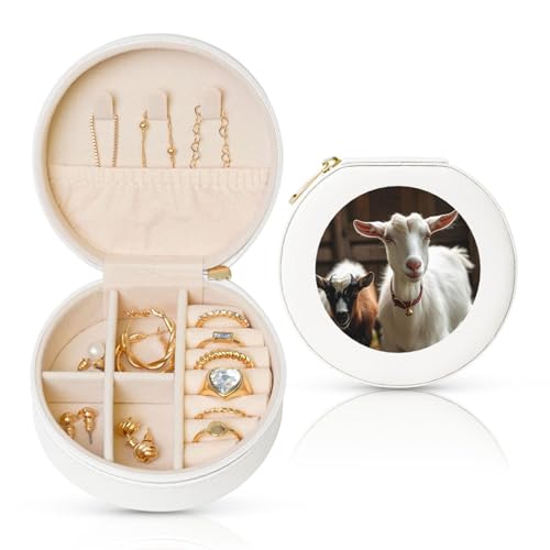 BYPPJGH Kleine Schmuckschatulle mit niedlicher Ziege, Leder, Reise-Schmucketui, wasserdicht, rund, Schmuck-Organizer, weiß, für Damen, Ringe, Halsketten, Geschenke von BYPPJGH