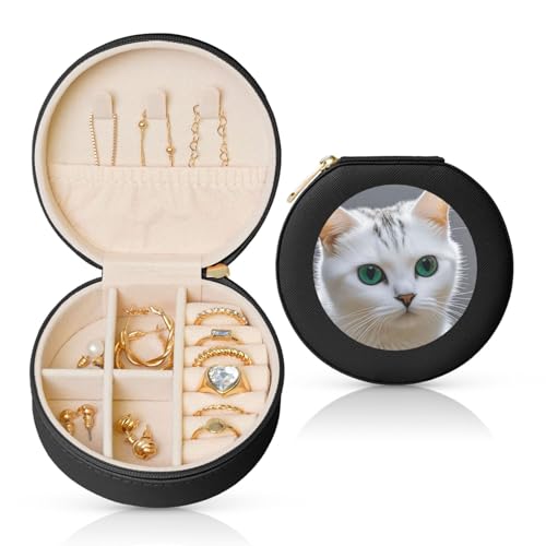 BYPPJGH Kleine Schmuckschatulle mit niedlicher weißer Katze, Leder, Reise-Schmucketui, wasserdicht, rund, Schmuck-Organizer, schwarz, für Damen, Ringe, Halsketten, Geschenke von BYPPJGH