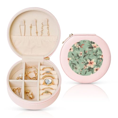 BYPPJGH Kleine Schmuckschatulle mit pastellfarbenem Blumenmuster, Leder, Reise-Schmucketui, wasserdicht, rund, Schmuck-Organizer, Rosa, für Damen, Ringe, Halsketten, Geschenke von BYPPJGH