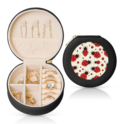 BYPPJGH Kleine Schmuckschatulle mit rotem Marienkäfer, Leder, Reise-Schmucketui, wasserdicht, rund, Schmuck-Organizer, schwarz, für Damen, Ringe, Halsketten, Geschenke von BYPPJGH