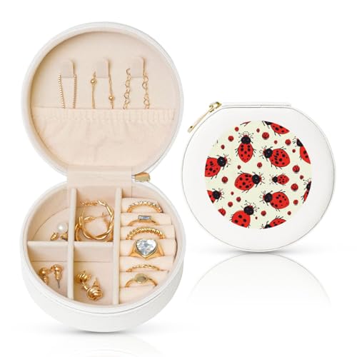 BYPPJGH Kleine Schmuckschatulle mit rotem Marienkäfer, Leder, Reise-Schmucketui, wasserdicht, rund, Schmuck-Organizer, weiß, für Damen, Ringe, Halsketten, Geschenke von BYPPJGH