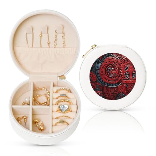 BYPPJGH Kleine Schmuckschatulle mit rotem Tribal-Muster, Leder, Reise-Schmucketui, wasserdicht, rund, Schmuck-Organizer, weiß, für Damen, Ringe, Halsketten, Geschenke von BYPPJGH