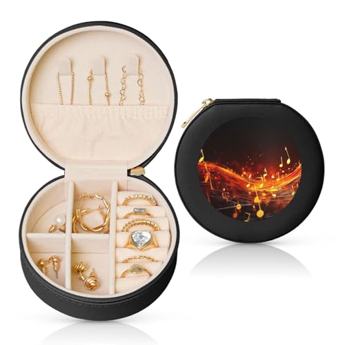 BYPPJGH Kleine Schmuckschatulle mit roter Flamme, Leder, Reise-Schmucketui, wasserdicht, rund, Schmuck-Organizer, schwarz, für Damen, Ringe, Halsketten, Geschenke von BYPPJGH