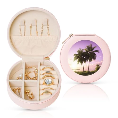 BYPPJGH Kleine Schmuckschatulle mit tropischem Baum, Leder, Reise-Schmucketui, wasserdicht, rund, für Damen, Ringe, Halsketten, Geschenke von BYPPJGH