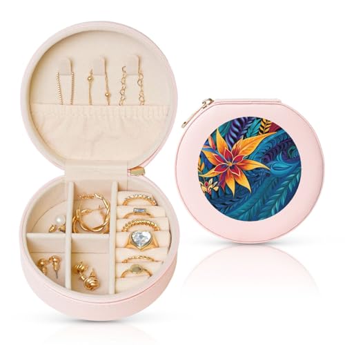 BYPPJGH Kleine Schmuckschatulle mit tropischen Blättern, Leder, Reise-Schmucketui, wasserdicht, rund, Schmuck-Organizer, Rosa, für Damen, Ringe, Halsketten, Geschenke von BYPPJGH