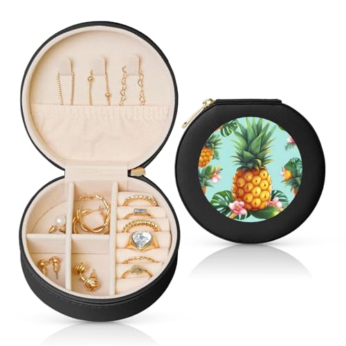 BYPPJGH Kleine Schmuckschatulle mit tropischer Ananas, Leder, Reise-Schmucketui, wasserdicht, rund, Schmuck-Organizer, schwarz, für Damen, Ringe, Halsketten, Geschenke von BYPPJGH