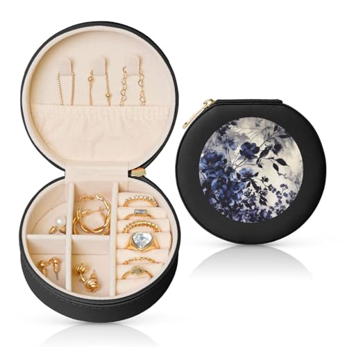 BYPPJGH Kleine Schmuckschatulle mit violetten Blumen, Leder, Reise-Schmucketui, wasserdicht, rund, Schmuck-Organizer, schwarz, für Damen, Ringe, Halsketten, Geschenke von BYPPJGH
