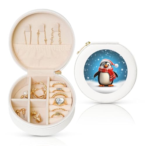 BYPPJGH Kleine Schmuckschatulle mit weihnachtlichem Pinguin, Leder, Reise-Schmucketui, wasserdicht, rund, Schmuck-Organizer, weiß, für Damen, Ringe, Halsketten, Geschenke von BYPPJGH