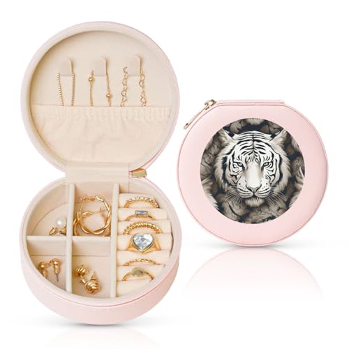 BYPPJGH Kleine Schmuckschatulle mit weißem Tigerkopf-Muster, Leder, Reise-Schmucketui, wasserdicht, rund, Schmuck-Organizer, Rosa, für Damen, Ringe, Halsketten, Geschenke von BYPPJGH