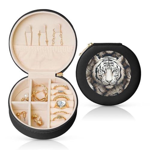 BYPPJGH Kleine Schmuckschatulle mit weißem Tigerkopf-Muster, Leder, Reise-Schmucketui, wasserdicht, rund, Schmuck-Organizer, schwarz, für Damen, Ringe, Halsketten, Geschenke von BYPPJGH