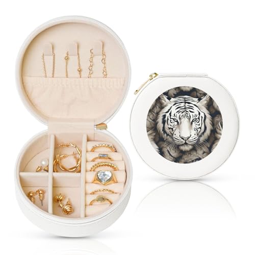 BYPPJGH Kleine Schmuckschatulle mit weißem Tigerkopf-Muster, Leder, Reise-Schmucketui, wasserdicht, rund, Schmuck-Organizer, weiß, für Damen, Ringe, Halsketten, Geschenke von BYPPJGH